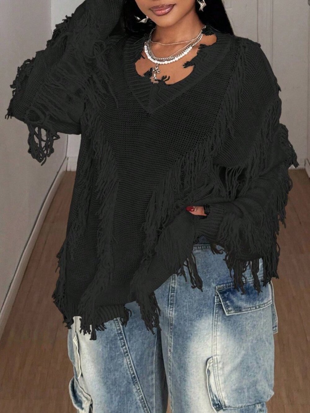 Black Casual Women's Loose V-Neck Tattered Drop Sleeve Pullover